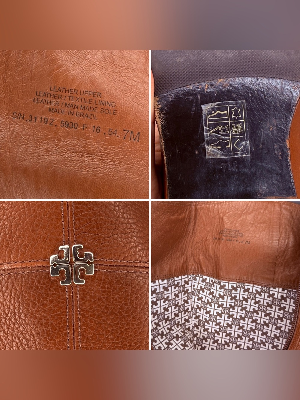 Tory Burch Cognac Pebbled Leather Riding Boots Tall Knee High Logo 7M Brazil - Picture 7 of 9